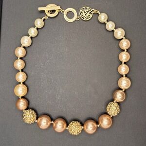 Vintage Anne Klein Faux Pearl Crystal Necklace Gold Tone Toggle Clasp Retro 18"